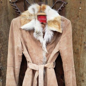 Axara Paris Insulated suede coat with fur trim